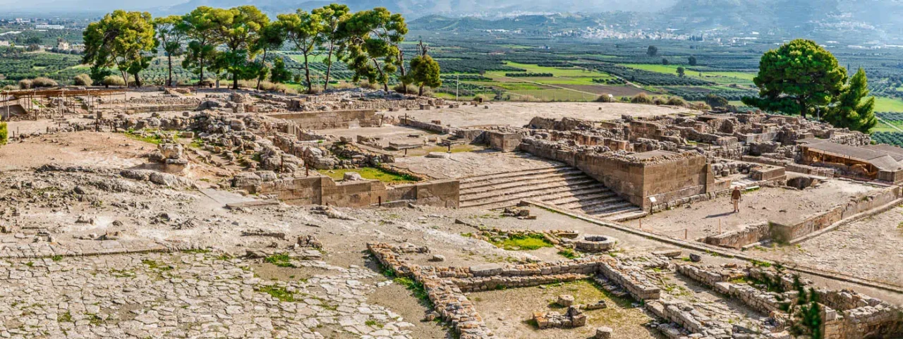 Phaistos archaeological site in south Crete, at the background Messara plain