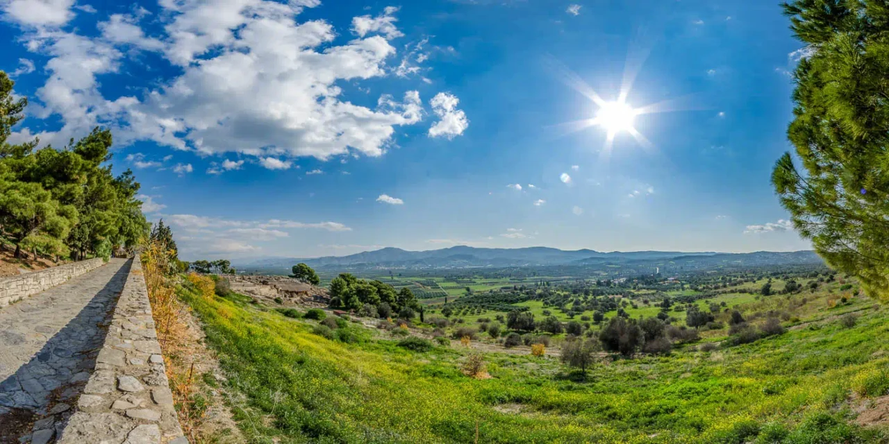 Phaistos palace in south Crete and Messara plain