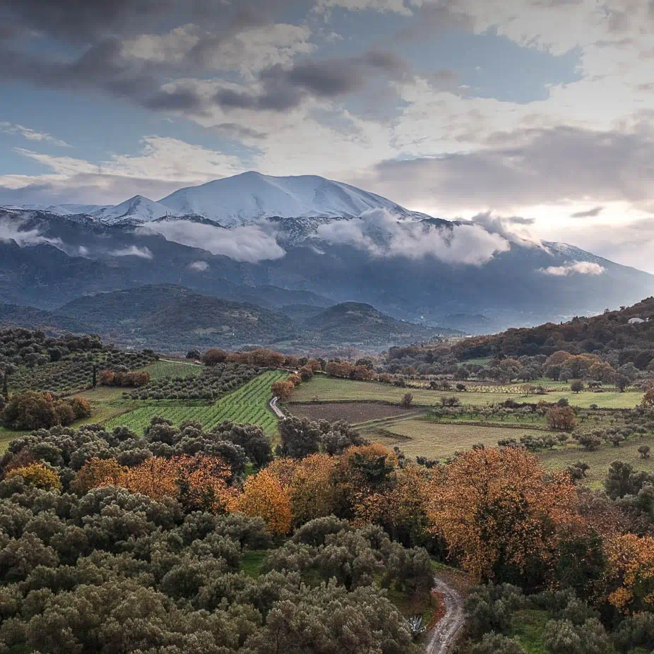 Snow covered Psiloritis, view from the beautiful valley of Amari, photo taken from Panagia Kera church