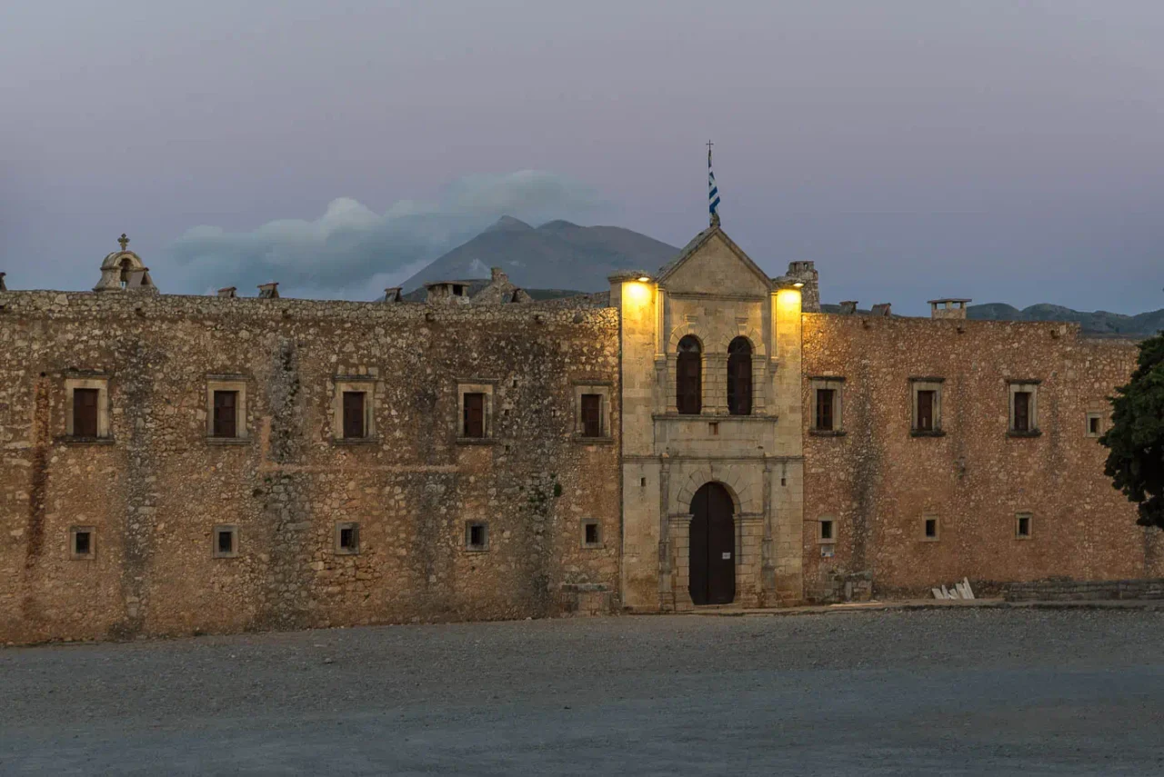 After sunset photo in Arkadi monastery, at the background Stolistra and Afentis Christos peaks of Psiloritis mountain