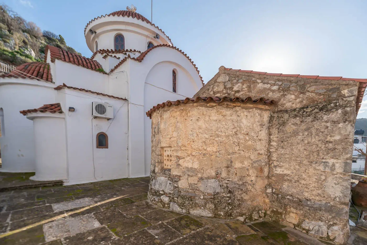 Back of the Agios Georgios church in Axos Crete next to Agios Rafail