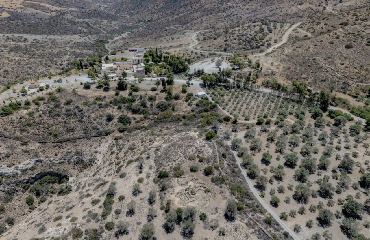 Minoan Archaeological Site at Odigitria Monastery and the monastery at the bacl