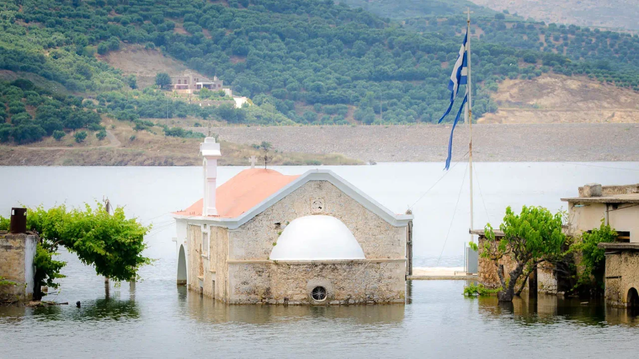 Agios Theodoros church in Sfendyli village, flooded with water of Aposelemis river dam