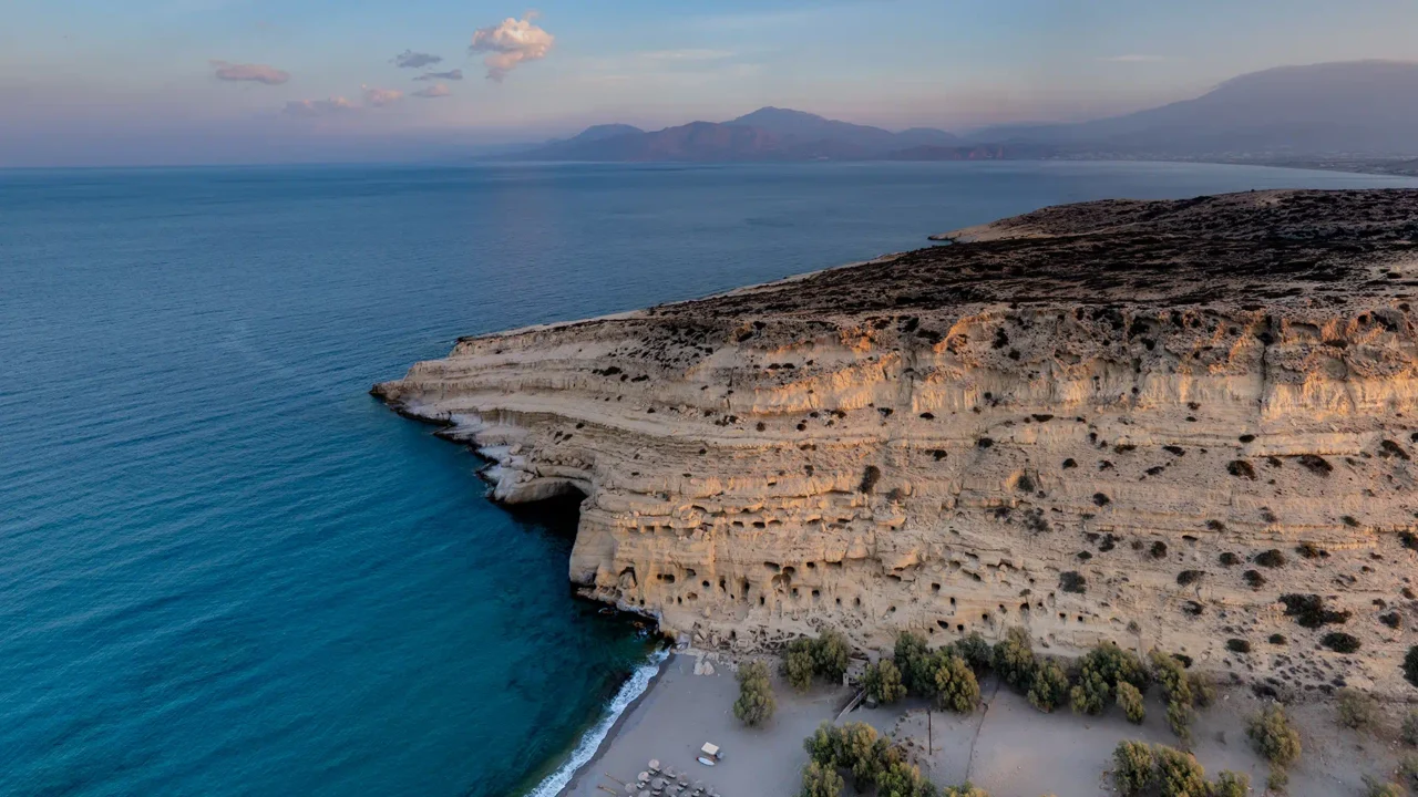 Matala caves in sunrise in south Crete