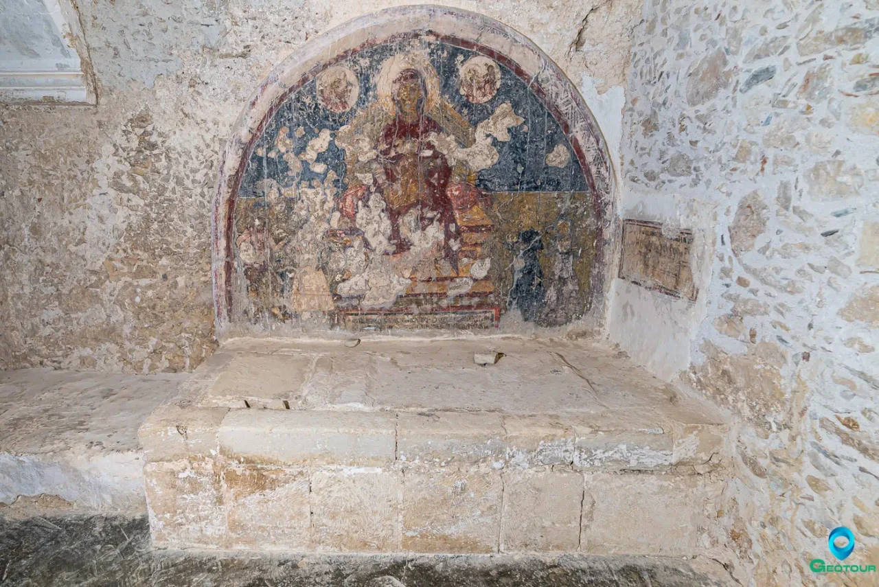 The tomb, likely that of the church’s founder, Georgios Salamos, inside the church of Agios Georgios