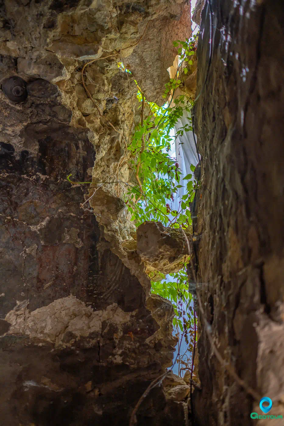 The damaged wall in church of Zoodochos Pigi (Life-Giving Spring) near the village of Archontiko